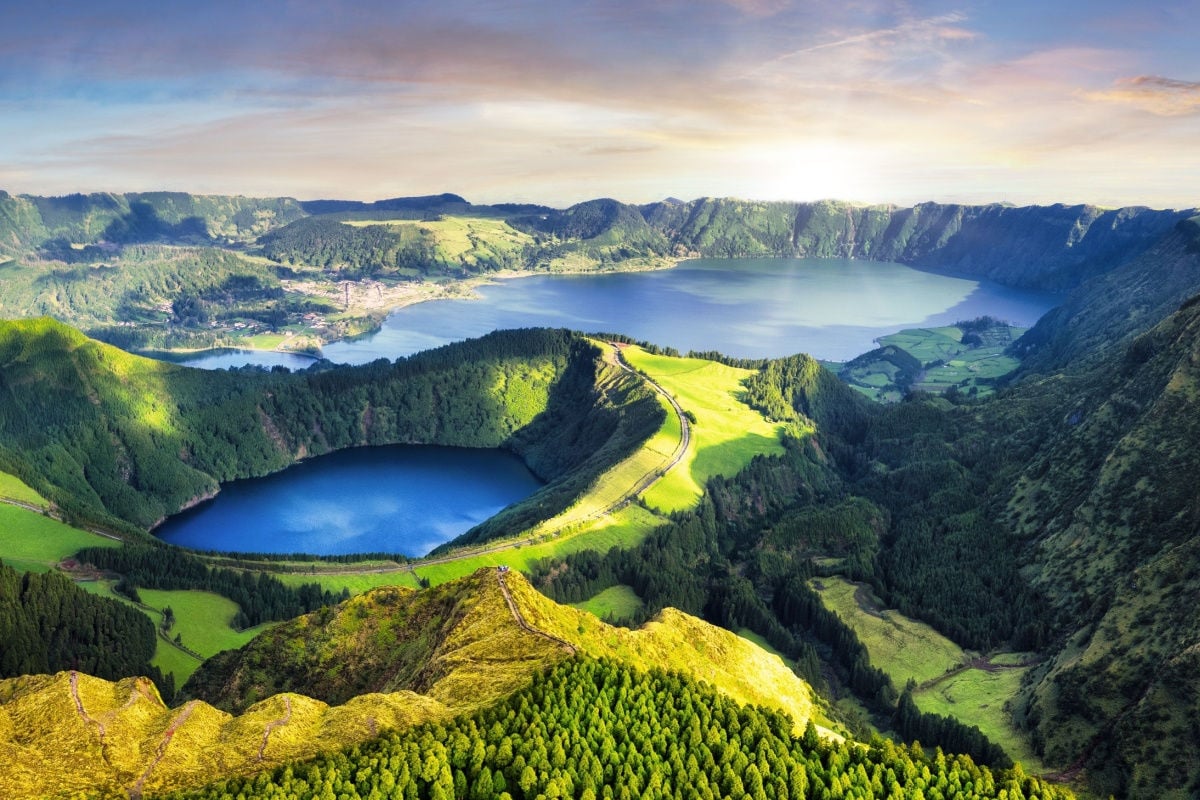 Dramatic sunset over Sete Cidades volcanic lake - panorama landscape, Azores, Portugal